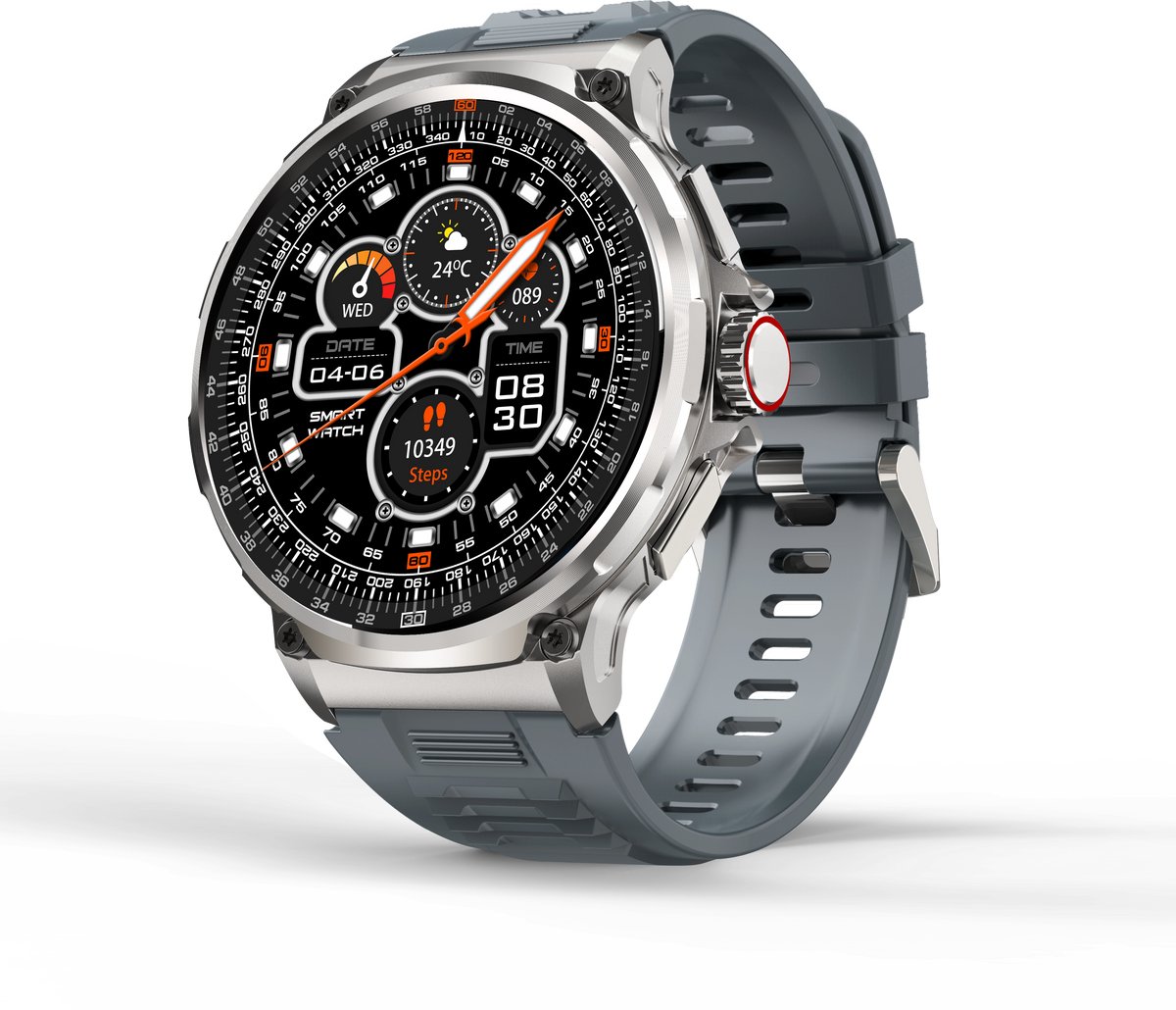 Knobbout 1.85” HD Sport Smartwatch – 710mAh Extra Grote Batterij – Bluetooth Bellen – RVS Bezel – Hartslagmeting/Bloeddrukmeting/Slaapmonitoring/Calorieverbruik – Android & iOS – Blauw Grijs Siliconen Band