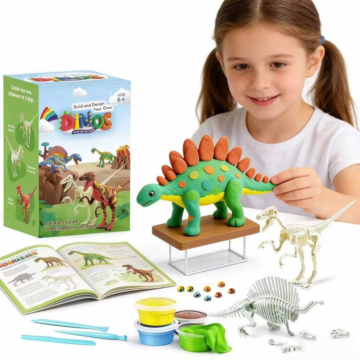 Klei Dinosaur Kit-DIY kleiset-met dinosaurussen-Luchtdroge klei voor kinderen-Met 15 klei en 3dino skeletten-creatief knutselen, cadeaus en speelgoed voor jongens en meisjes