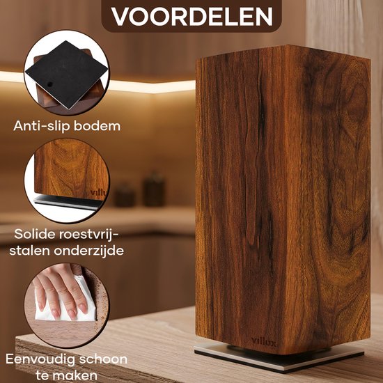 Houten messenblok met anti-slip bodem en solide roestvrijstalen onderzijde. Eenvoudig schoon te maken.