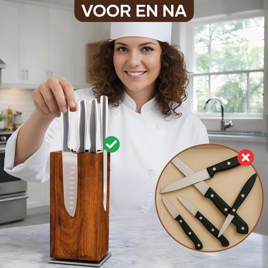 Chef met een houten messenblok, houdt messen vast. Inzetstuk voor extra opbergruimte en magnetische zijkanten voor messen.