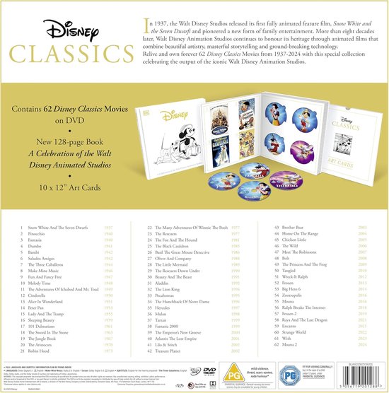 Disney Classics: Complete 62 Movie Collection met boek, art cards en DVD's. Mickey en Pluto op de kaft.