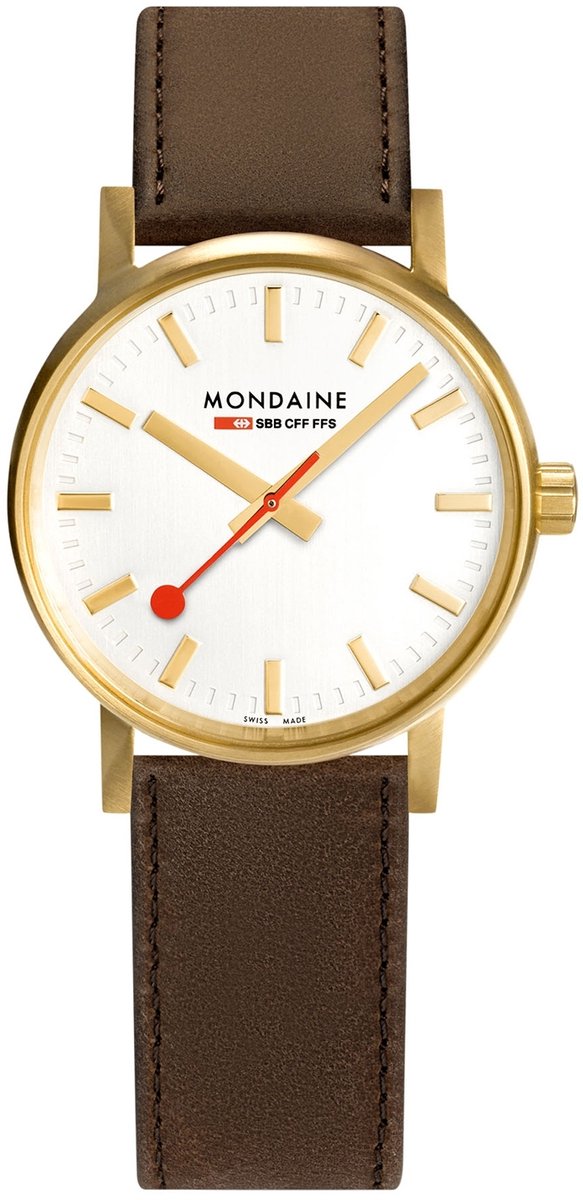 Mondaine MSE.30112.LG Evo2 Dames Horloge - Stationsklok - Saffierglas - Roestvrijstaal-Leer - Bruin-Goudkleurig - 30 mm breed - Quartz - Gesp