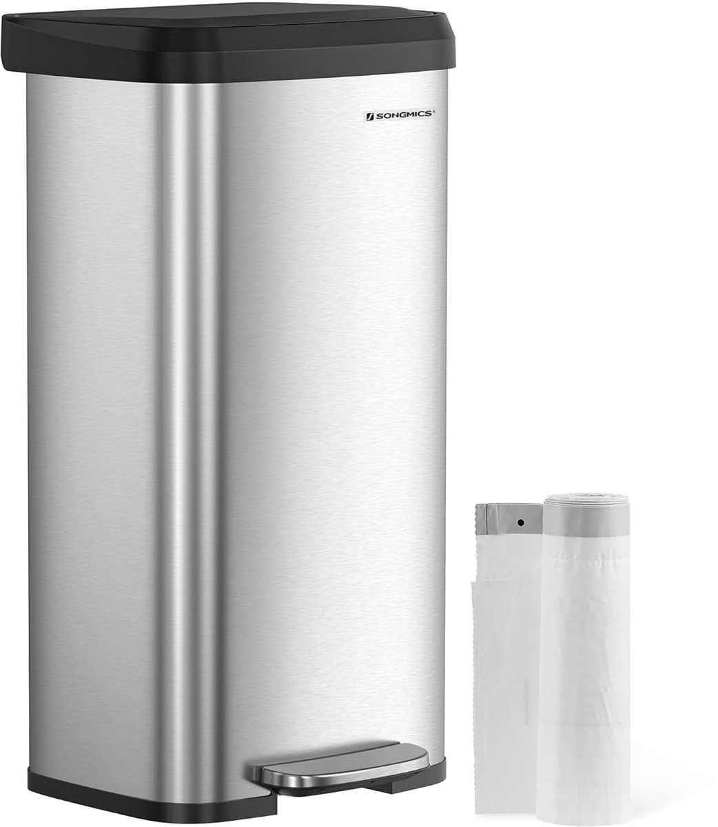 SONGMICS Afvalemmer keuken, 68 liter afvalemmer, pedaalemmer van metaal, met deksel, hoog, smal en ruim, zilver-zwart LTB520E68