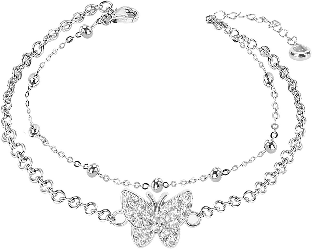 Allecta - Enkelbandje met vlinder, zilver - Verstelbaar - Gelaagd ontwerp - Strand- enkelbandje voor dames en tieners - Inclusief geschenkdoos - 8,5 inch lengte.