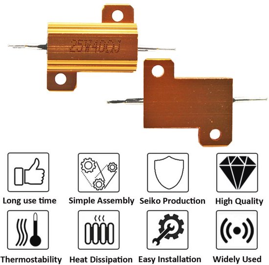 QUARKZMAN 25W 10K Ohm Weerstand – 3 Stuks Aluminium Behuizing, Draadgewonden, Schroefbevestiging, Goudkleurig