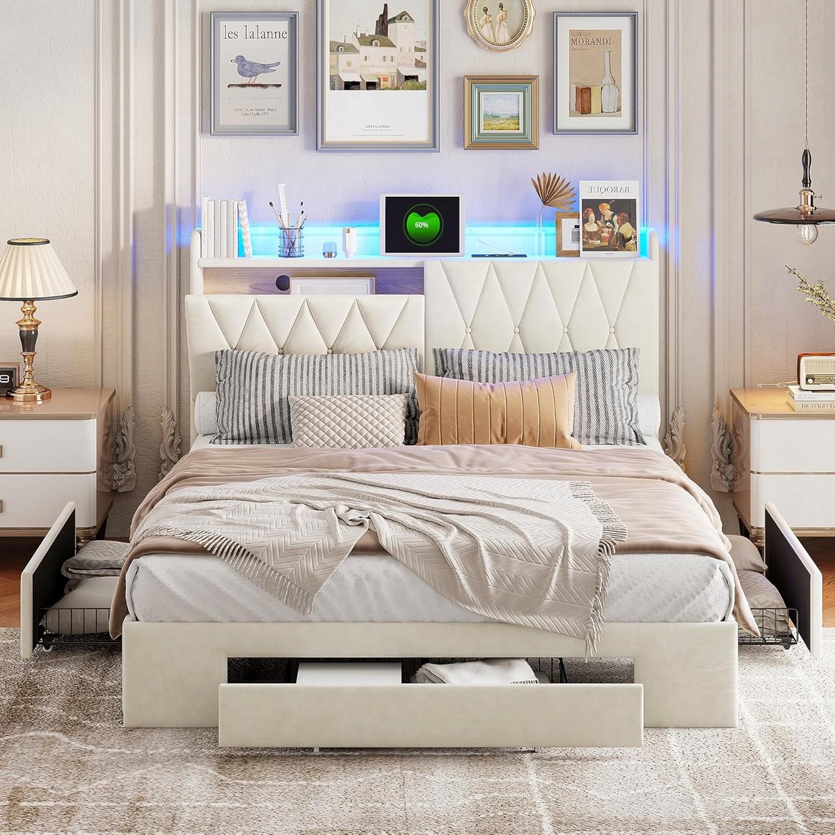 Tweepersoonsbed 160x200 cm met Opbergruimte, Lattenbodem en Verlicht Hoofdeinde (Beige Fluweel)
