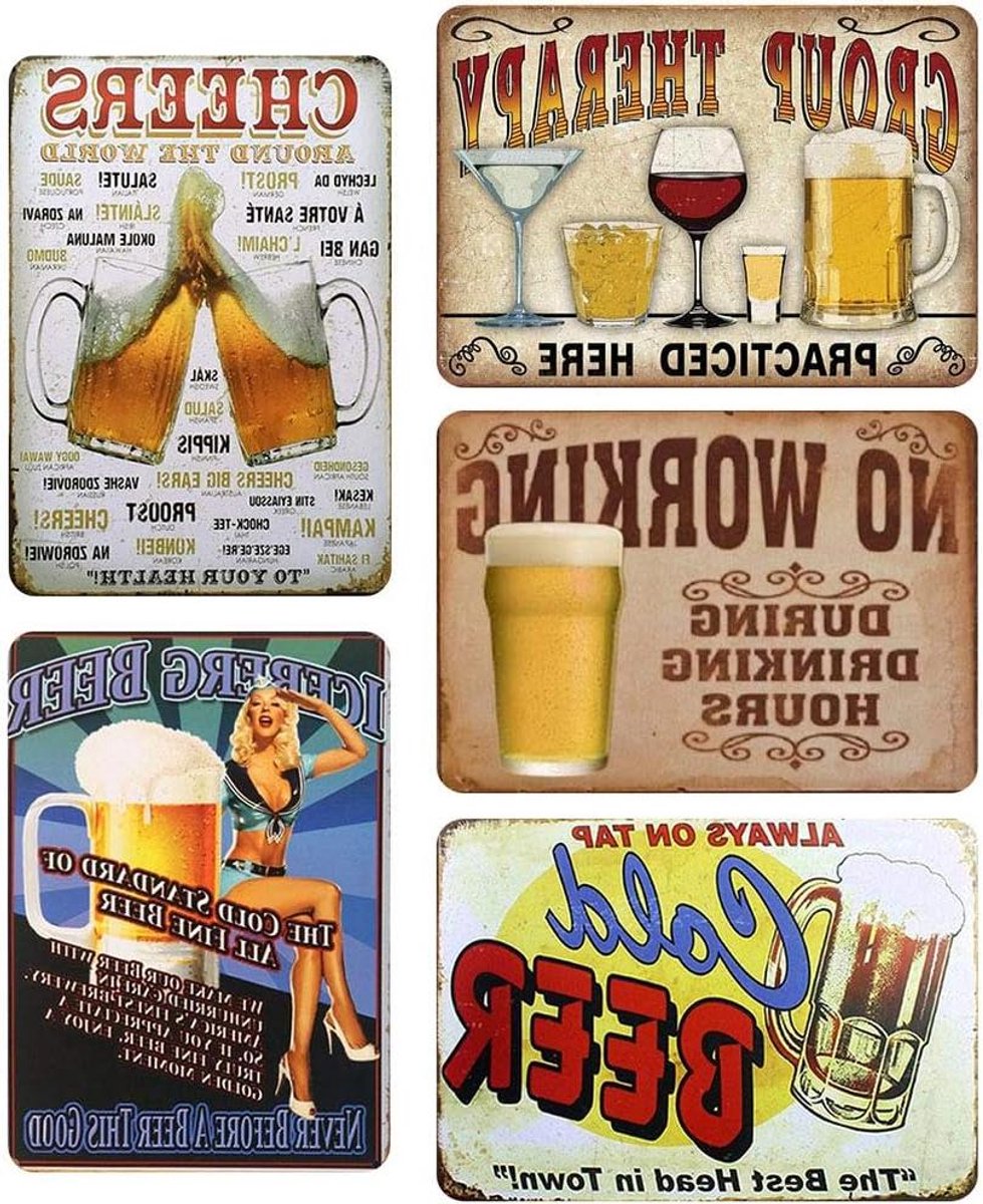 Allecta - Set van 5 metalen decoratie borden voor bars en pubs - Retro stijl - Alcohol thema - 20 x 30 cm.