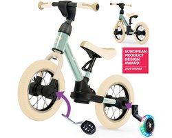 Kidcruiser Loopfiets 2+ jaar - Met LED Zijwieltjes & Trappers - 3-in-1 Kinderfiets - 12 inch – Zacht Groen & Creme wit – Modulair Design - Driewieler loopfiets
