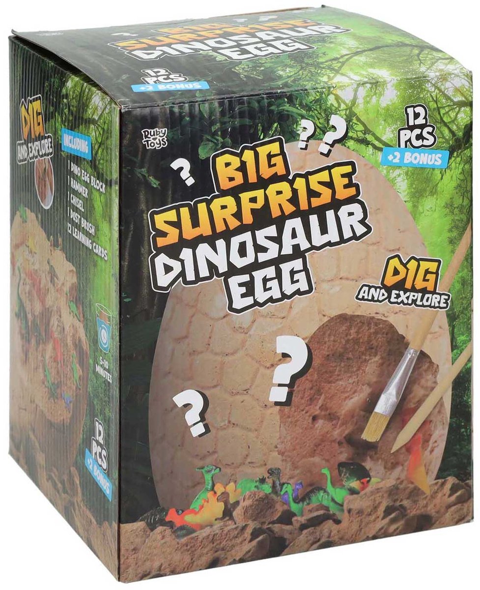 Uitgraafset XXL 16 cm Dino ei archeologie speelgoed met 14 Verrassingen en 12 leerkaarten extra dino's en gereedschap Skelet Opgraven Dinosaurus