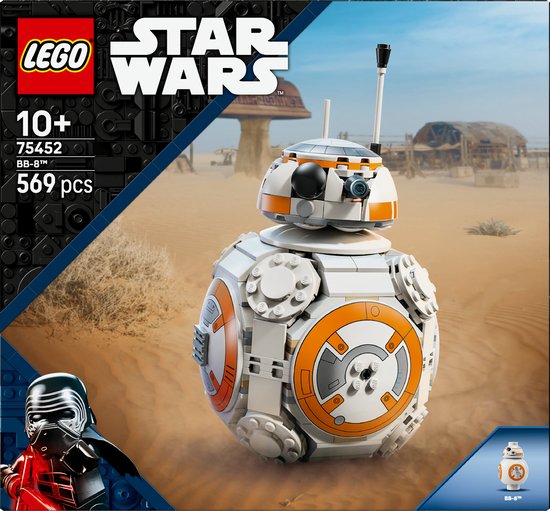 Boîte LEGO Star Wars BB-8 avec le BB-8 à construire dans un paysage désertique.