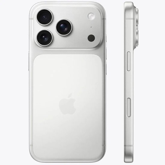 Zilveren iPhone 17 Pro met drievoudige camera en Apple logo, en een zijaanzicht.