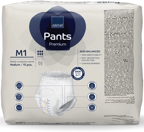 ABENA Pants Premium M1 - 15x Absorberend Broekje, te Dragen als Gewoon Ondergoed - Voor het Verlies van Flinke Scheuten Urine en (Dunne) Ontlasting - Heupomvang 80-110 cm - Absorptie 1400 ml