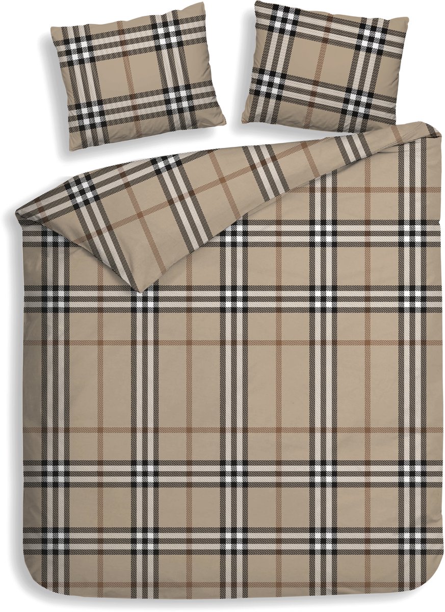 Heckettlane Dekbedovertrek Leonardo - Bedlinnen met Ruiten print - Beige - Dekbedovertrek van 100% Katoen-Flanel
