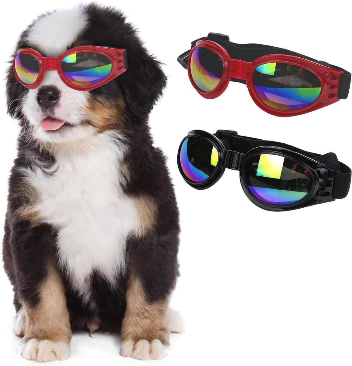 Cosensi - Hondenbril voor UV-bescherming en winddichte anti-condens coating - Huisdierbril voor katten en kleine honden - Verstelbare riem - Set van 2 brillen (zwart en rood)