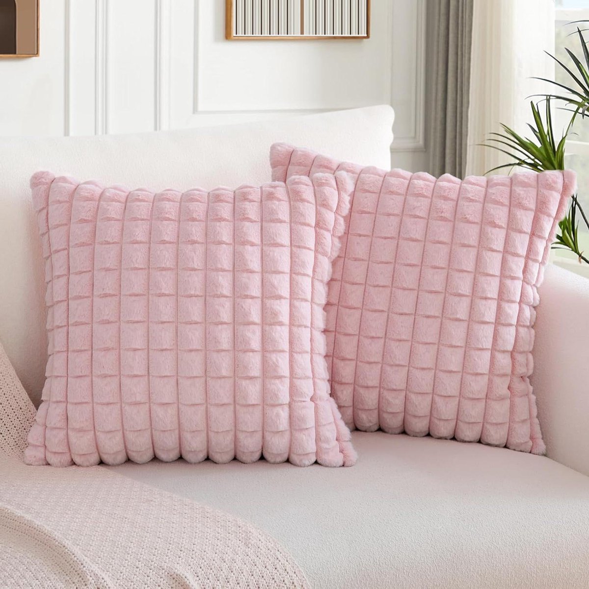 Cosensi Set van 2 fluwelen kussenslopen - pluche kunstbont - roze - decoratie voor bank en slaapkamer - plaid textuur - sierkussenovertrekken Any
