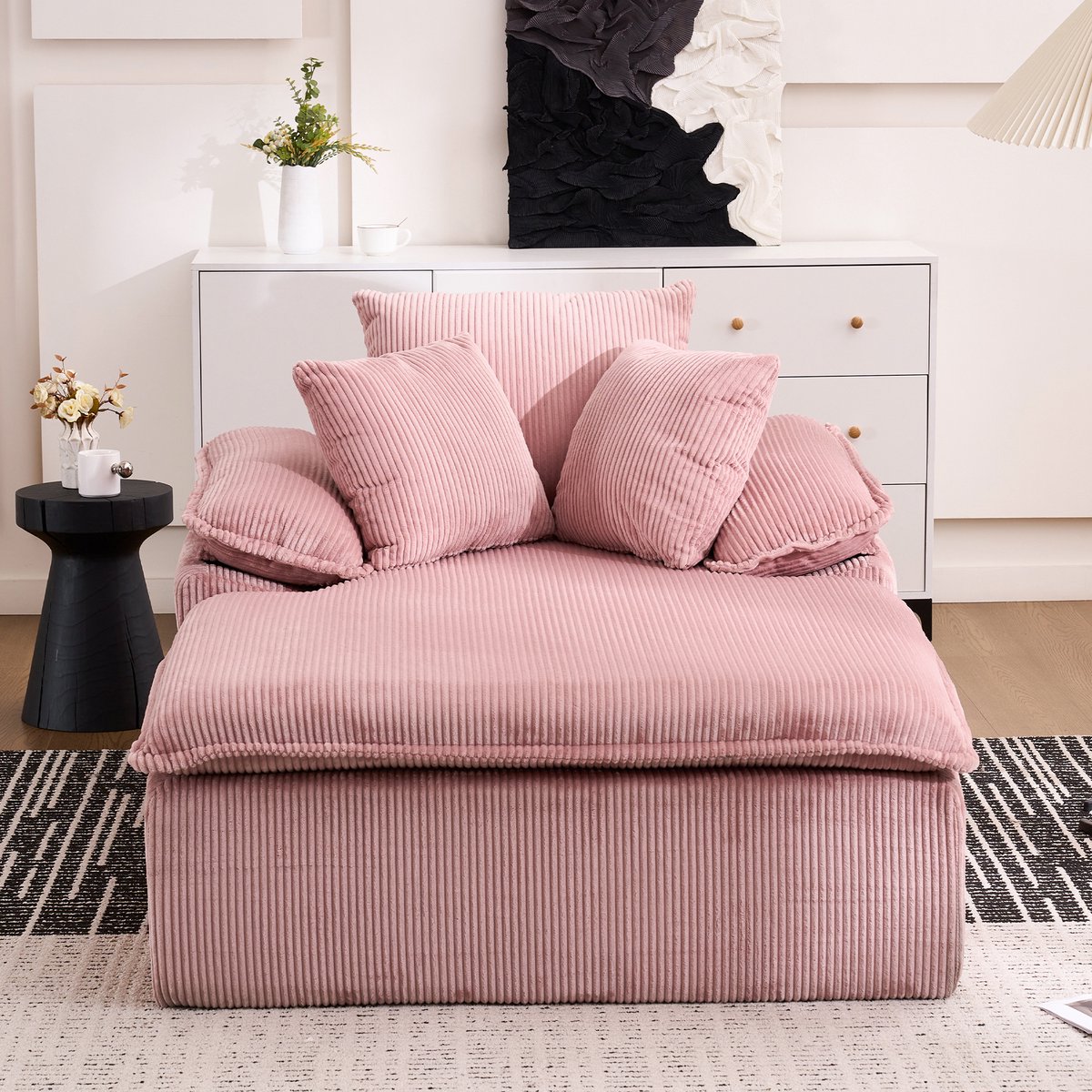 Een 46 cm hoge ligstoel/relaxfauteuil, ontworpen in een binnenhuissstijl, met een frameloos design. Een comfortabelere lees- en relaxfauteuil, uitgerust met brede armleuningen, geen montage nodig- Roze