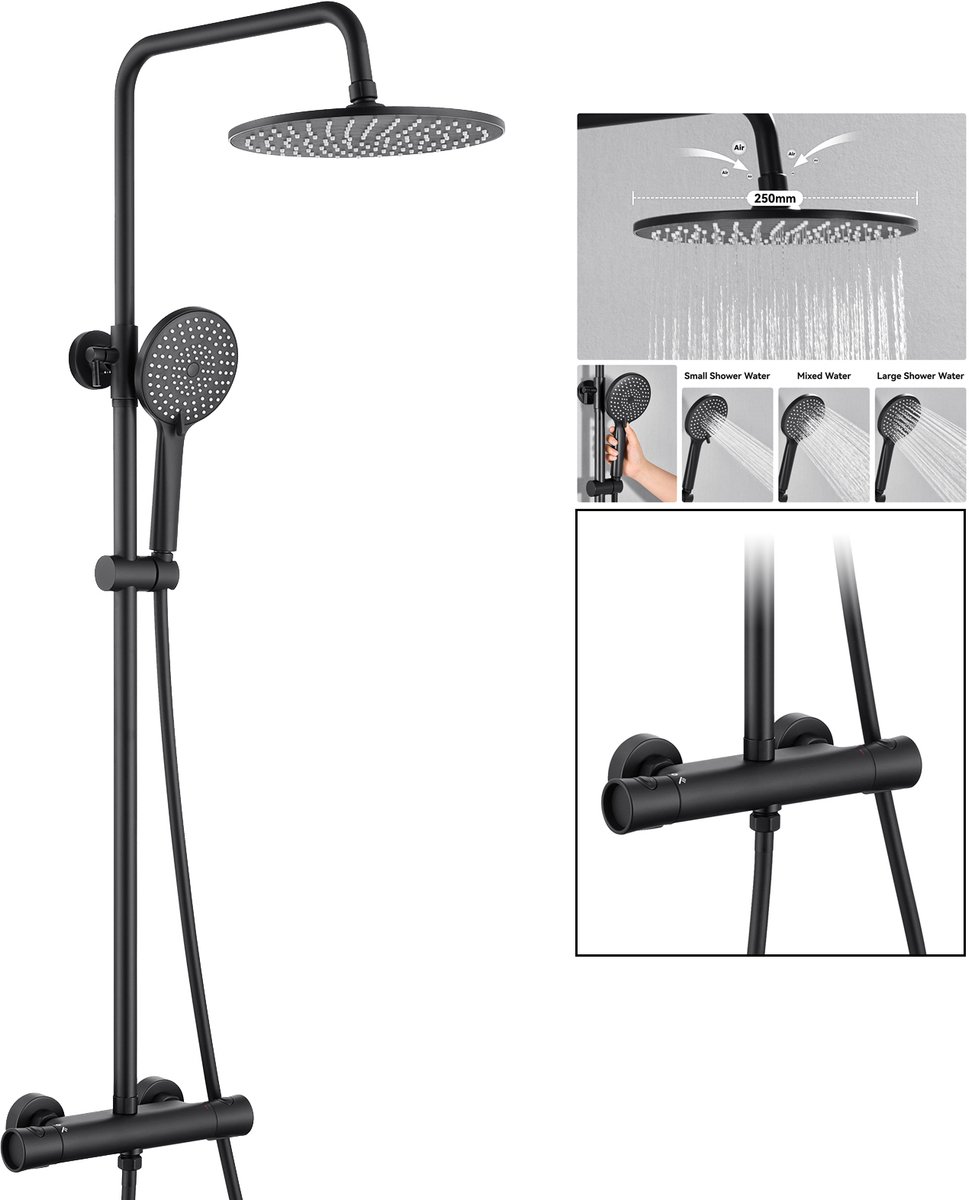 Auralum Max Regendouche met Thermostaatkraan - Doucheset Zwart - Thermostatische Douchekolom - Messing Regendoucheset - Anti-Scald - Hoogte Verstelbaar 102-125cm - Zwart