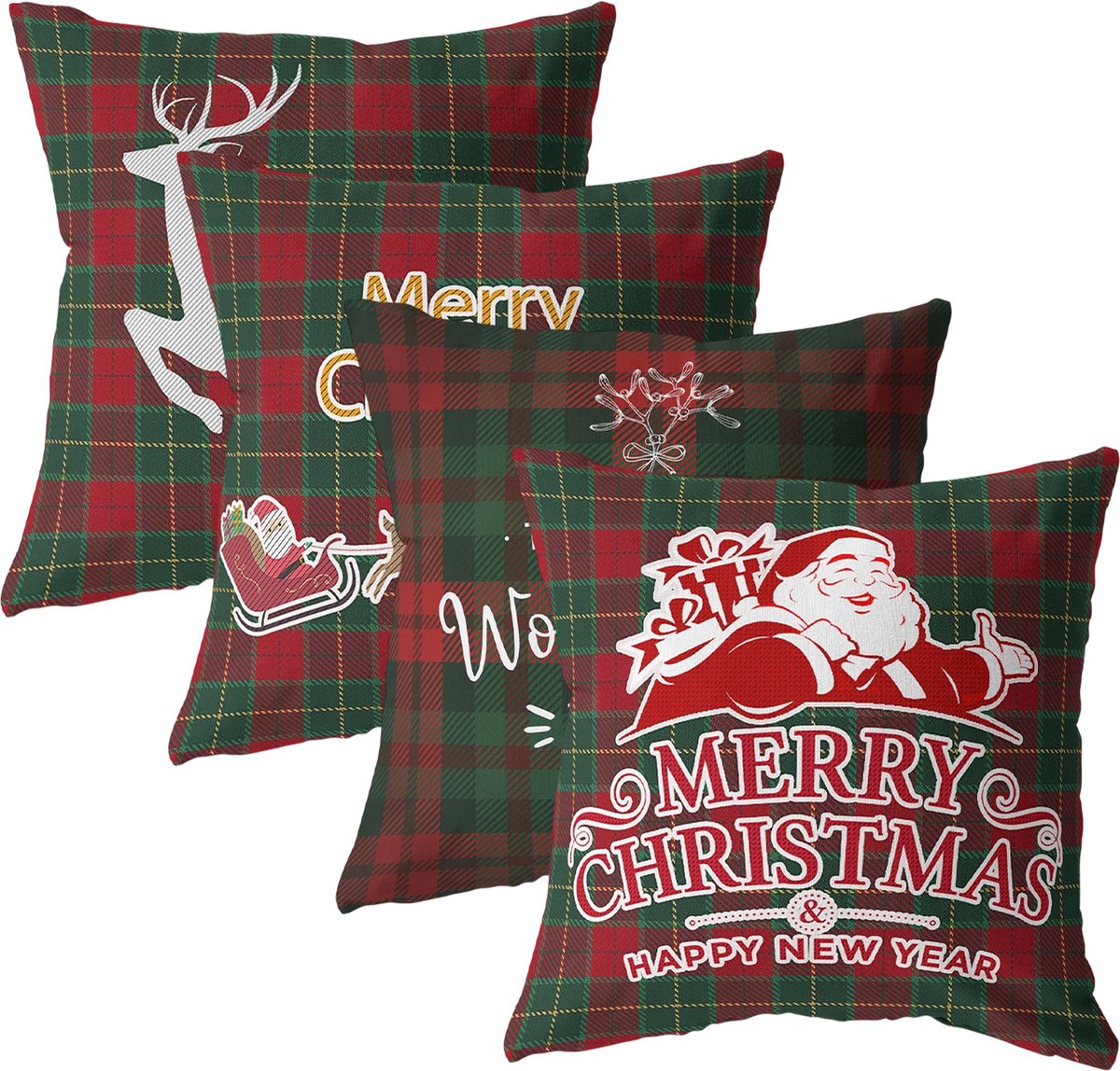 Kerstkussenhoezen Set - 4stuks - 45x45cm - Dubbelzijdig Kortpolig Velours - Winterdecoratie Voor Woonkamer Slaapkamer Bank Kantoor