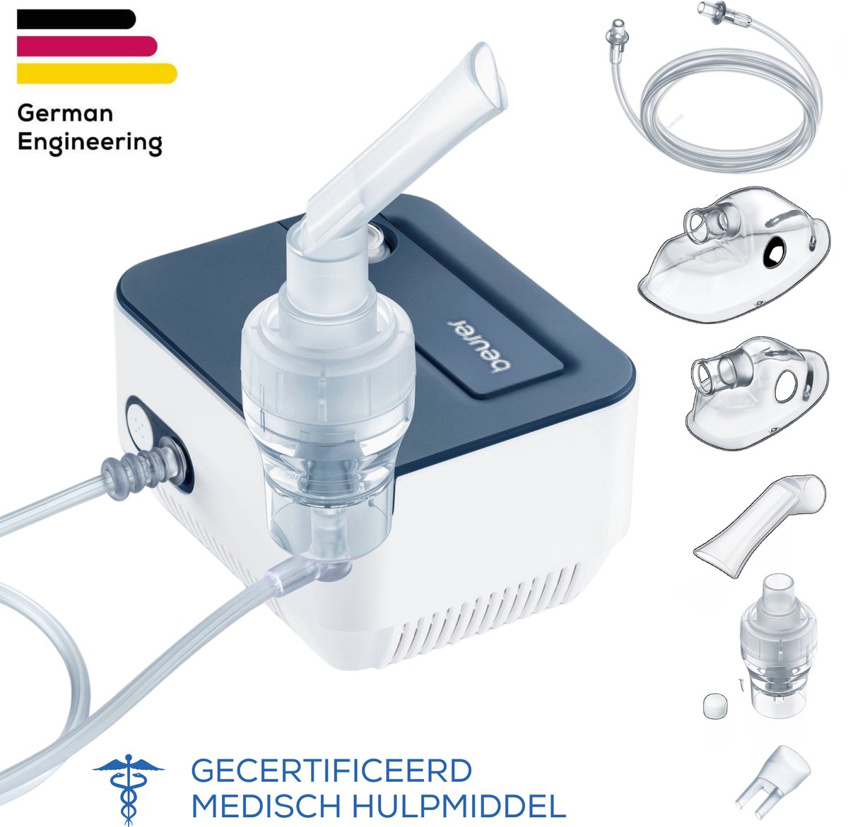 Beurer IH 16 Aerosoltoestel - Vernevelaar - Inhalator voor Volwassenen & Kinderen - Persluchttechnologie - Compact & Stil - Incl. Maskers & Accessoire-set - Medisch Apparaat - 5 Jaar Garantie
