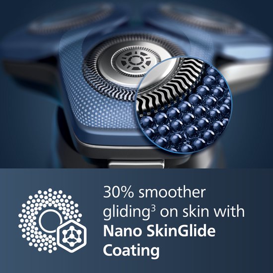 Gros plan de la tête de rasage avec revêtement Nano SkinGlide, 30 % plus lisse sur la peau.