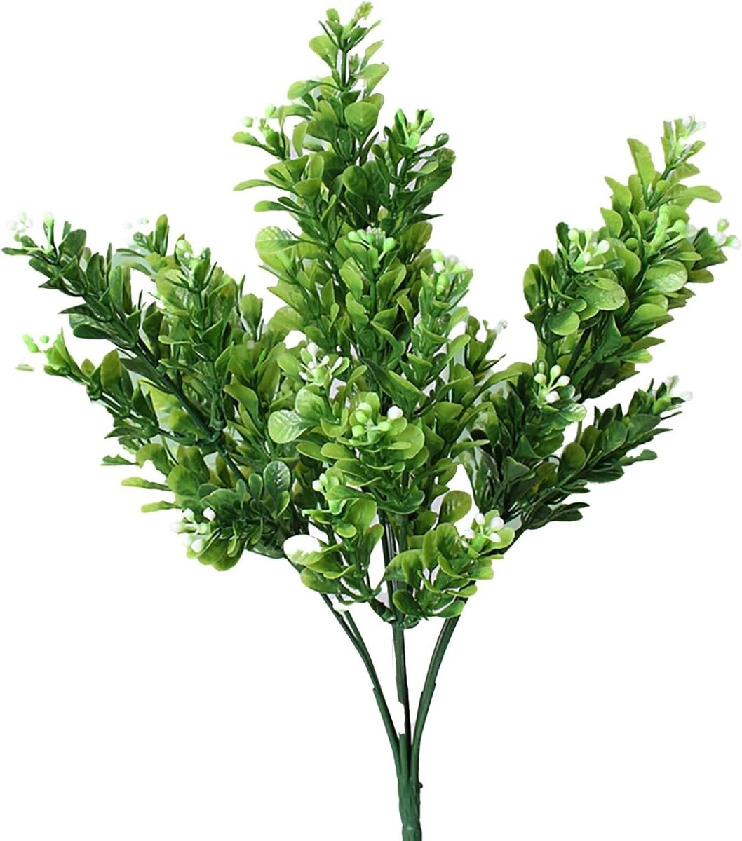 Cosensi Kunststof Decoratieve Nepbloemen voor Huis Tuin Balkon - Levensecht - 7 Takken - Kunstbuxus - Planten - Terras - Wit Groen Any