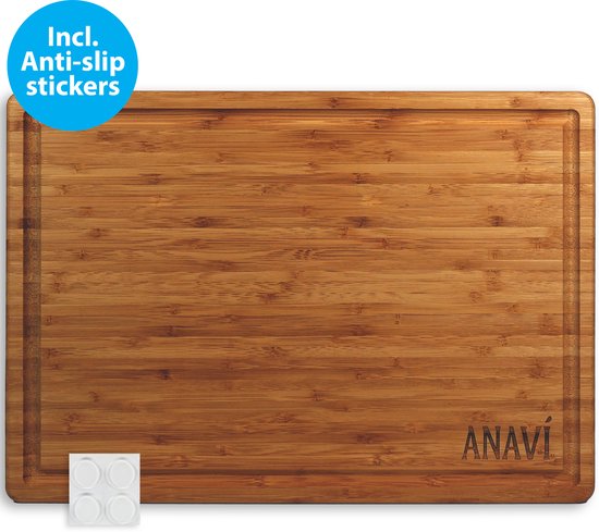 Planche à découper en Bamboe Anaví avec rainure pour jus et antidérapant - Planche à découper en bois avec poignées - Peut également servir de planche à boissons - 40 x 28,5 x 2,5 cm - Planches de cuisine - Couleur naturelle - Planche à tapas