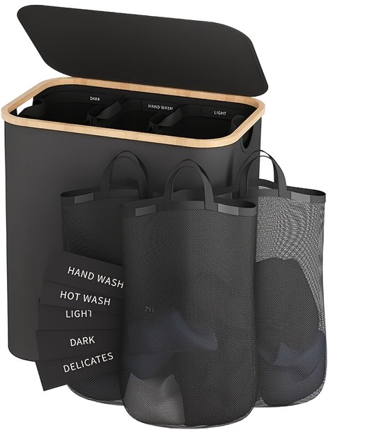 Panier à linge pliable 160L, avec 3 sacs amovibles, trieur de linge - panier à linge - noir