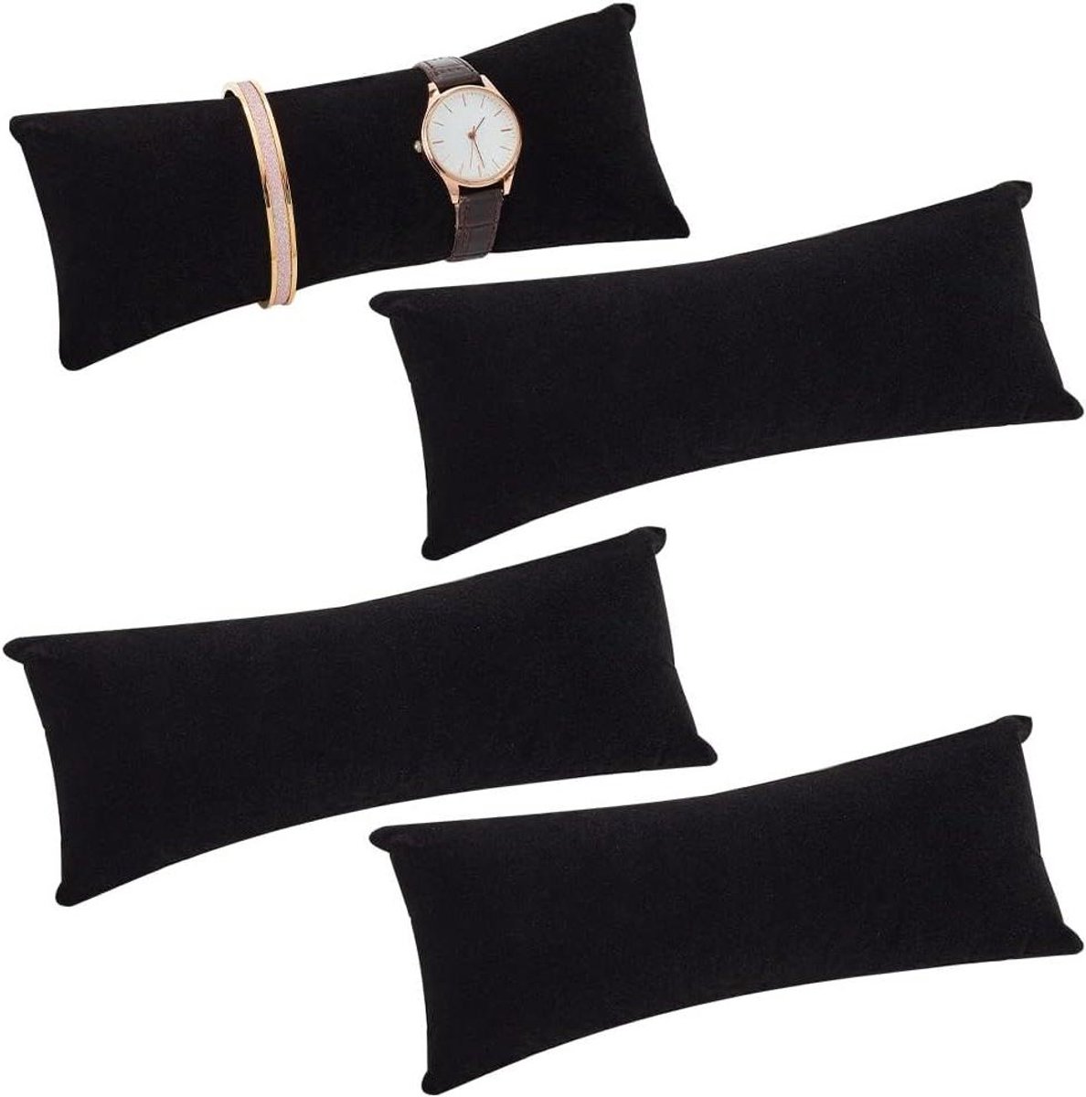 Lange Fluwelen Horloge Display Kussen Set van 4 - Zwart - Sieraden Display voor Vaderdag - Geschikt voor Thuis en Kleine Bedrijven - Armband en Horloge Opslag