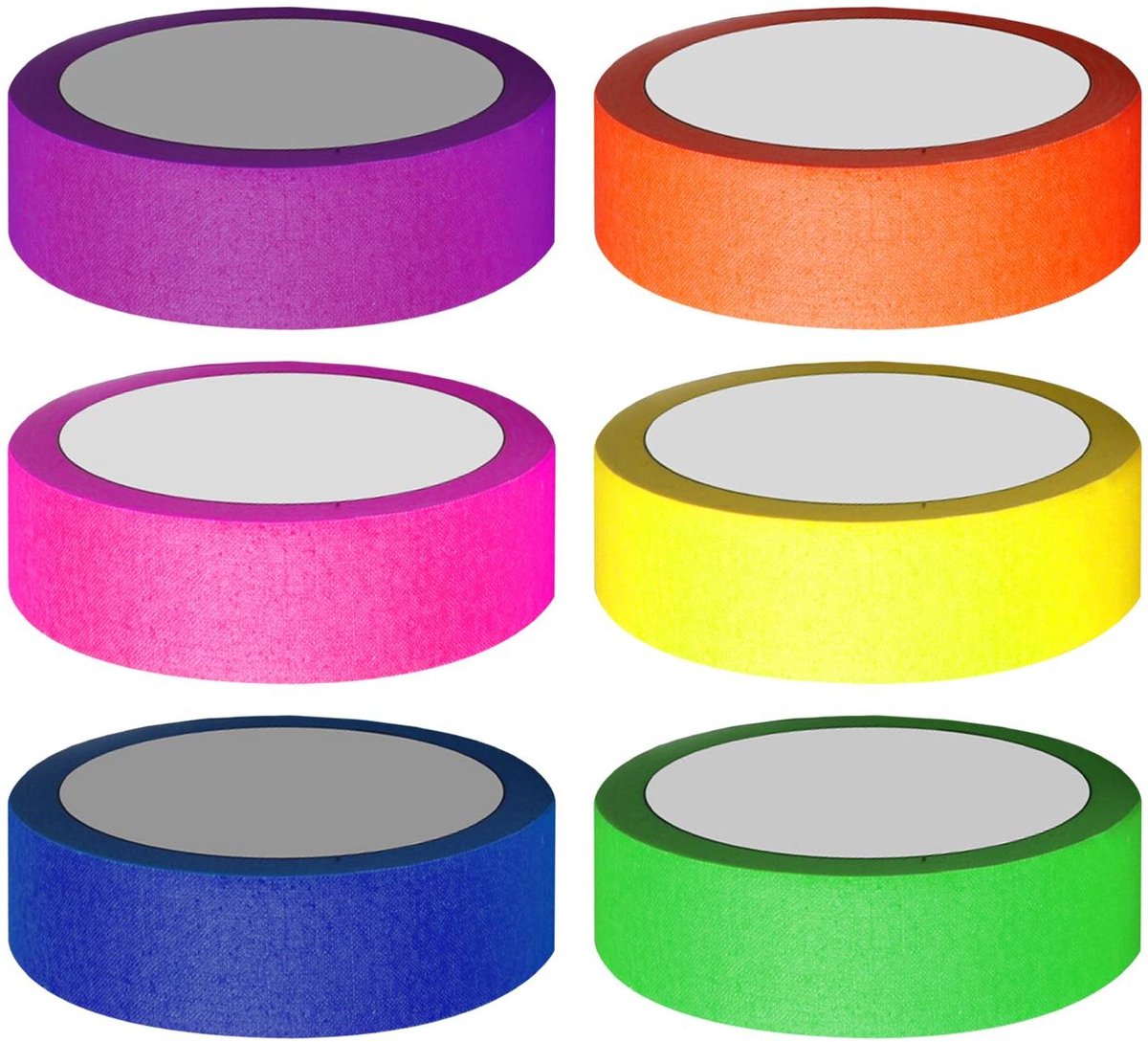 Cosensi - Fluorescerend plakband set van 6 rollen voor podium- en feestdecoratie - UV-fluorescerend - Hoogviscositeit - 6 kleuren