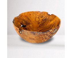 Rico & Plato Houten Serveerschaal 25 cm – Slakom / Fruitschaal – Teakhouten Serveerkom – Handgemaakt – Gratis Theelichthouder