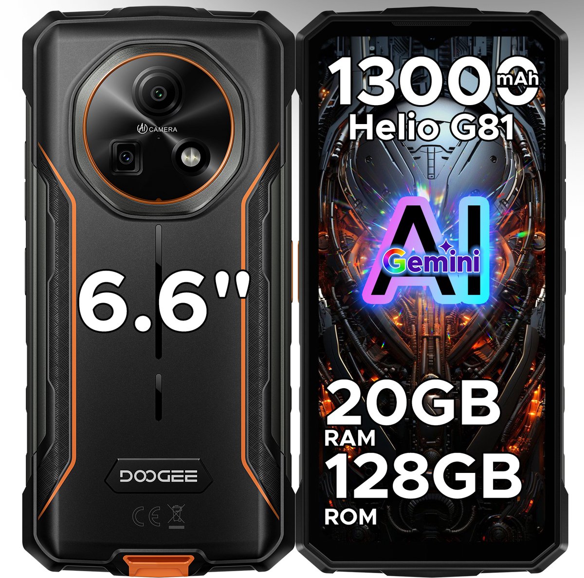 DOOGEE Fire 5 Pro 4G- Rugged Smartphone - 20 GB ROM+128 GB ROM/2 TB TF - 13000 mAh/18W - 6,6inch HD+ 90Hz- Android 15- MediaTek Helio G81 - Gemini AI - NFC- Face ID - IP68 - Oranje