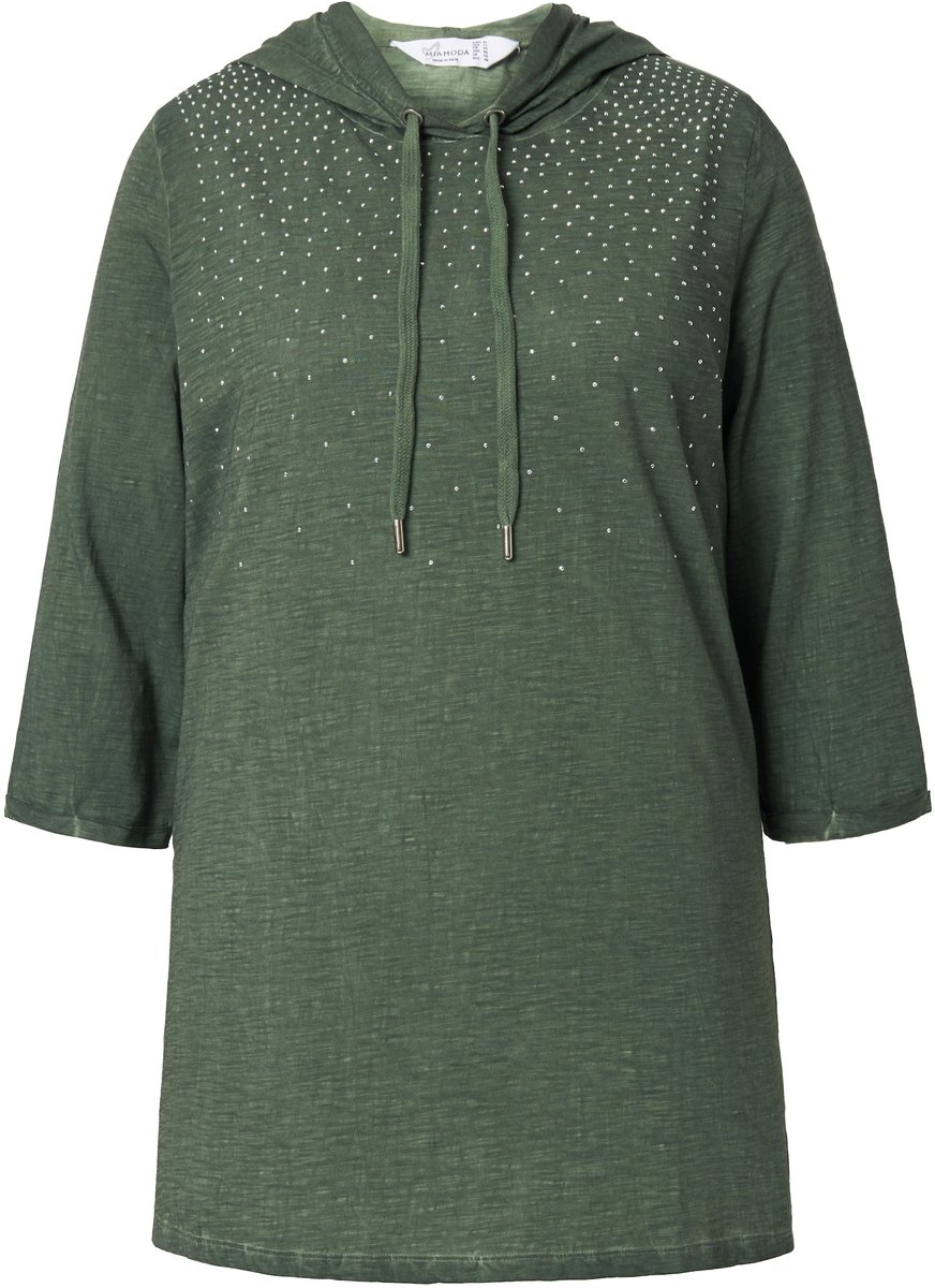 MIAMODA - Dames - T-shirt A-lijn cold dyed strass-verloop capuchon - Donkergroen - Maat 44