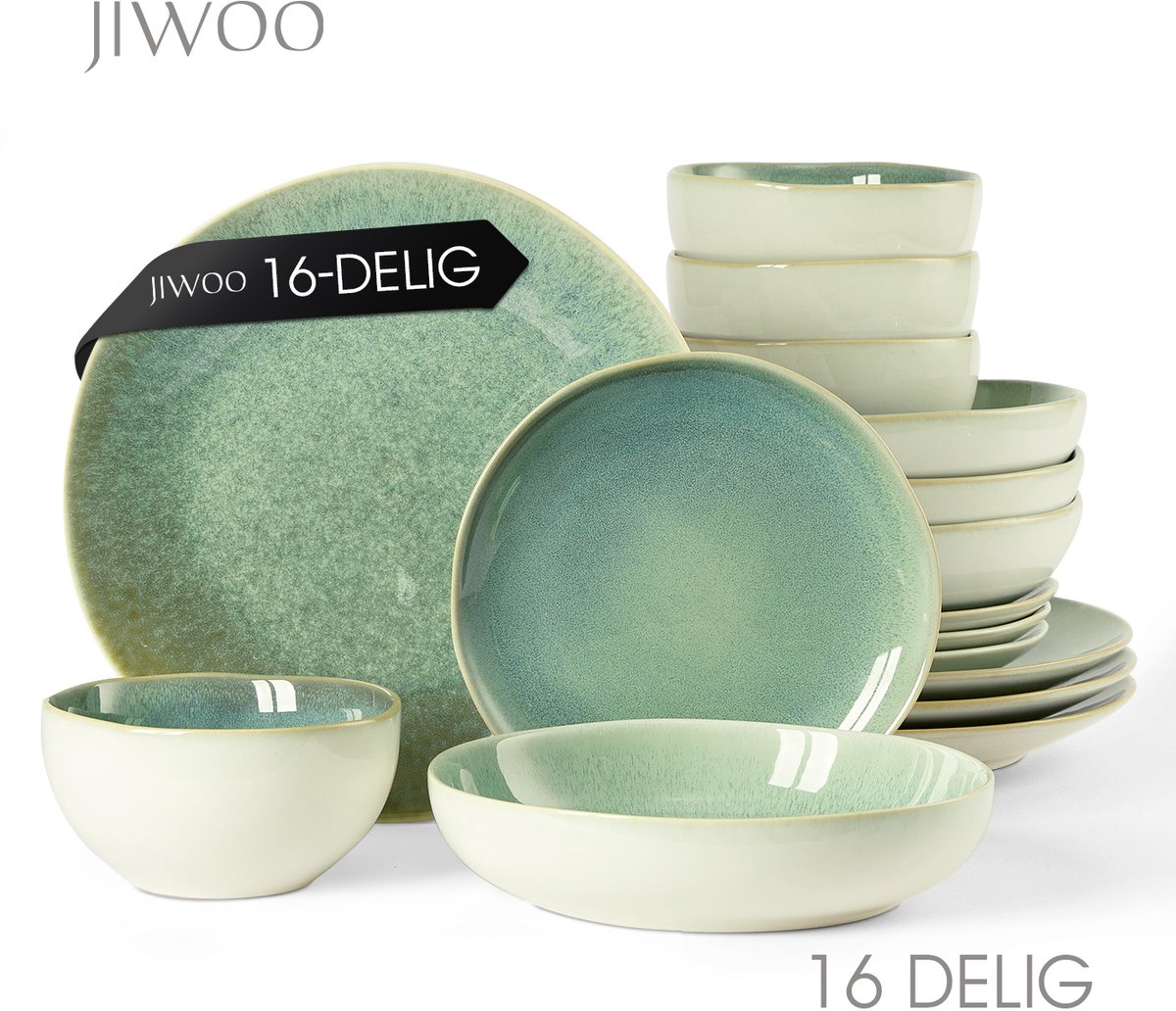 Serviesset 16-Delig, Dinnerset 4 Persoons, Dubbel reactief glazuur, Geschikt voor familiefeesten, banketten, restaurants, Horeca en picknicks, Magnetron-vaatwasserbestendig, Keramiek