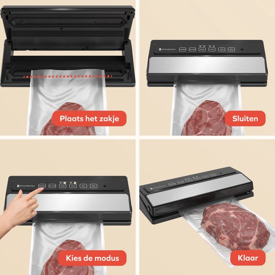 KitchenBrothers Vacumeermachine Adapt - 12L/min - Vacuüm Sealer - BPA-vrij - 6 Standen - Incl. 2m Folierol, 5 Vacumeerzakken en Vacuumslang
