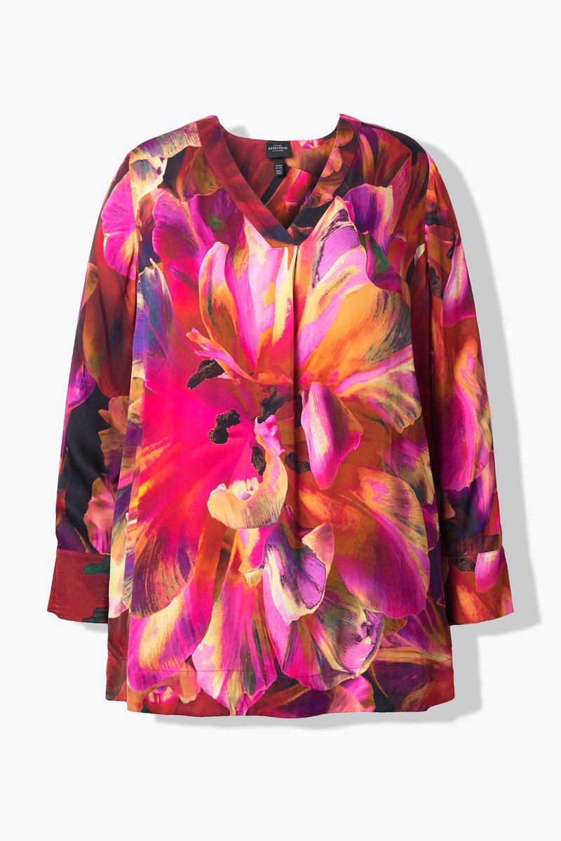 Ulla Popken - Dames - Satijnen blouse bloemen V-hals lange mouw - Bes - Maat 58+