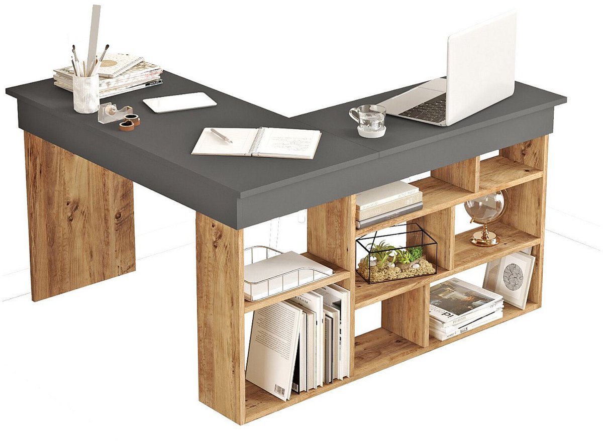 Vente-unique Hoekbureau met opbergruimte - Kleur: antraciet en houtlook - LILEUL