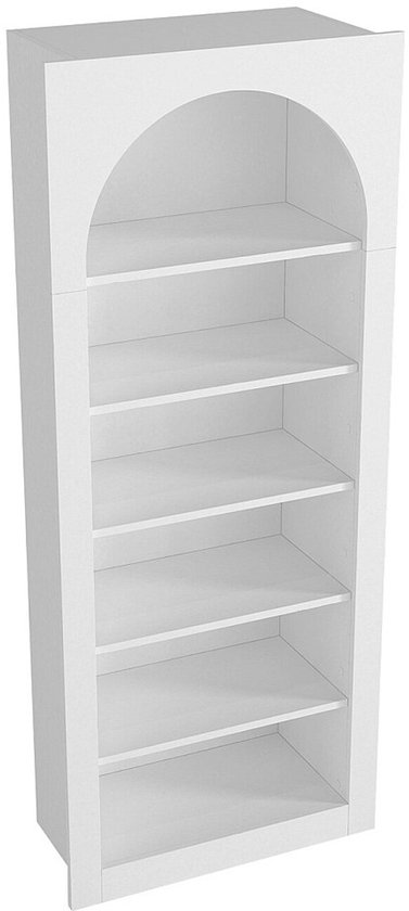 Witte boekenkast met 6 legplanken en een ronde boog bovenaan, vanuit een hoek gefotografeerd.