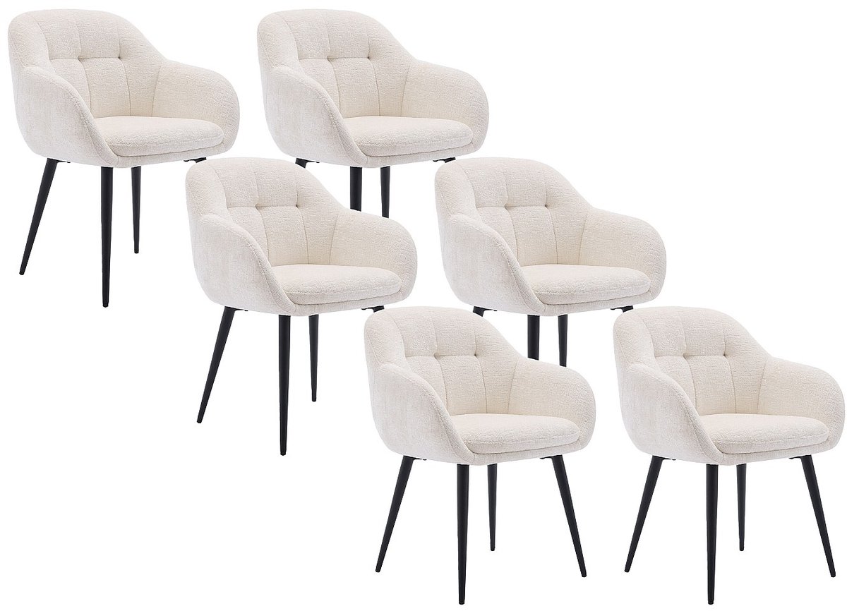 Vente-unique Set van 6 stoelen met armleuningen van stof met textuur en zwart metaal - Crèmewit - LASSANDRA