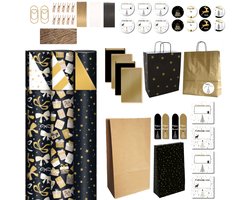 Product afbeelding van Kerst XXL 52-delige Luxe Inpakset - Dubbelzijdig Inpakpapier Goud Zwart- 3 Rollen