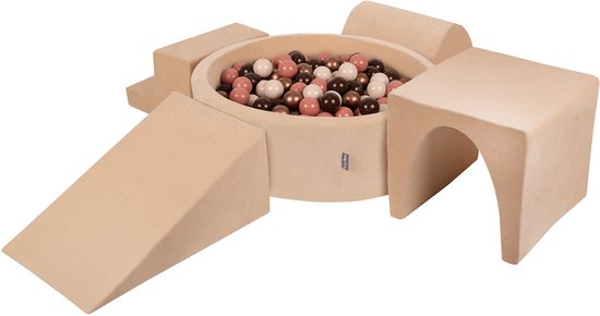 KiddyMoon Schuimstof speeltuin VELVET PPZP-OK30V-125 met zandbeige ballen: bruin-koper-pastel-beige-haar zwembad 200/club L/groef/tunnel/trap