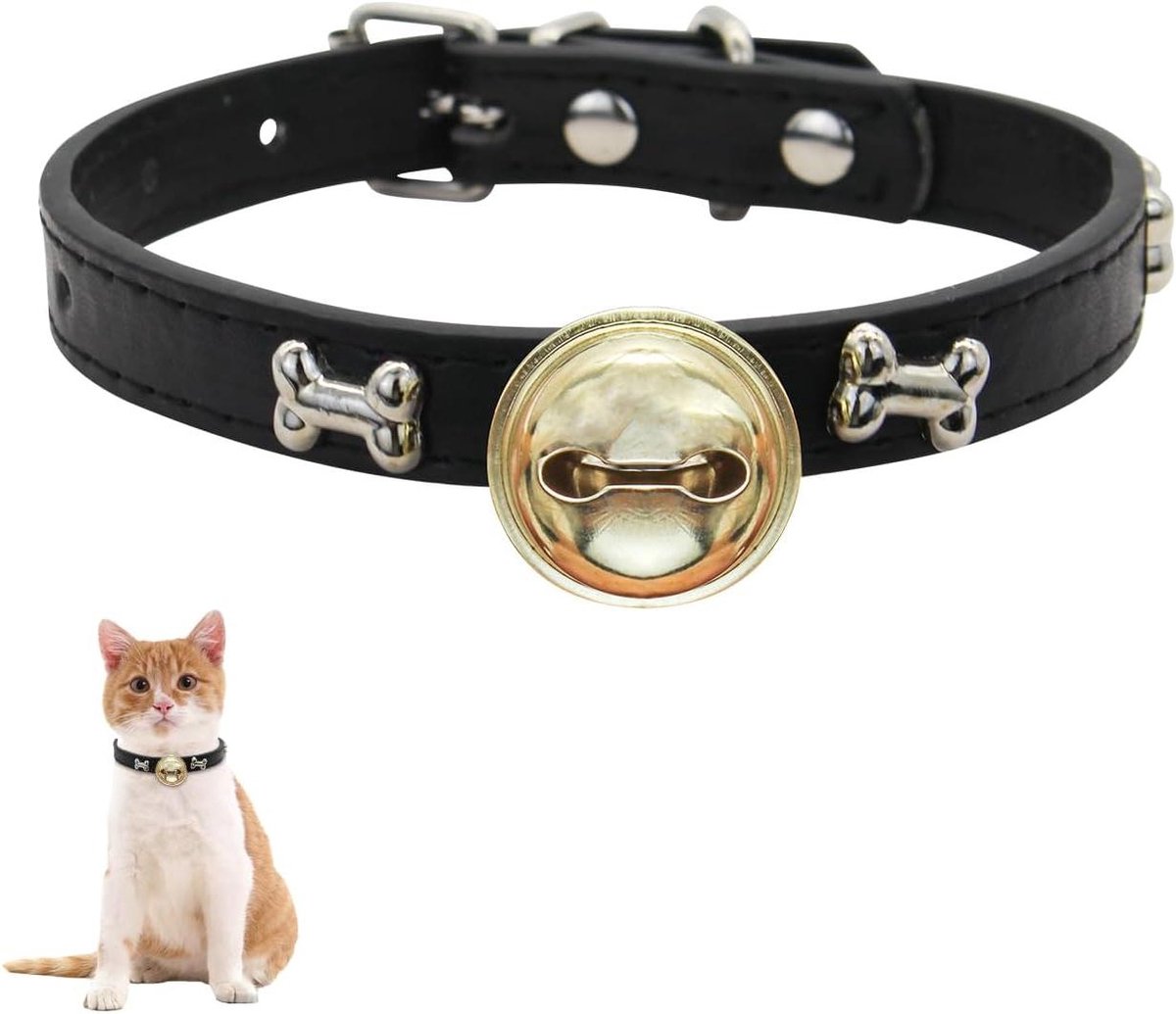 Cosensi - Kattenhalsband van PU-leer met bel en metalen gesp, verstelbaar 24-32 cm, botpatroon, zwart - Geschikt voor katten, puppy's en dagelijkse accessoires