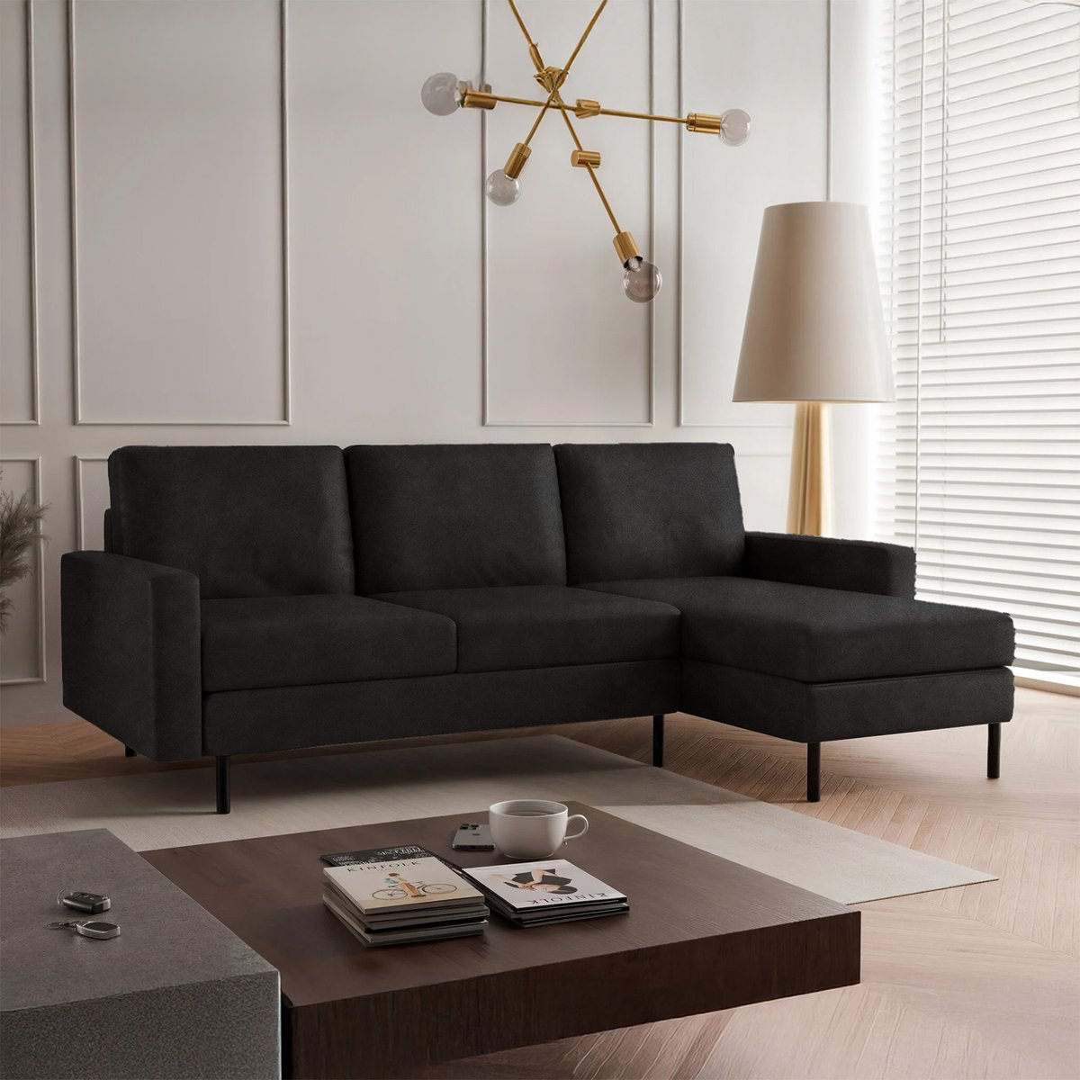 Beddenbriljant Hoekbank Hanneke - Suède Look - Zwart - 3-Zits Bank - Moderne Hoekbank - Comfortabele Loungebank