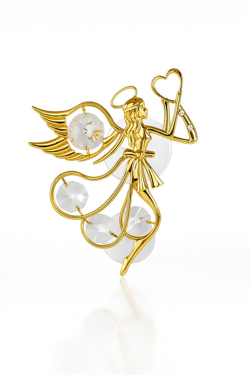 24K Vergulde Engel met Kristallen – Raambedeltje / Decoratie met Zuignap – Luxe Engel Ornament
