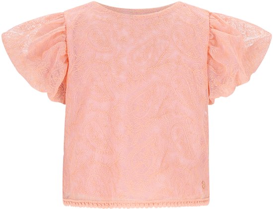 Perzikkleurige kanten blouse met wijde, korte mouwen en decoratieve rand aan de onderkant.