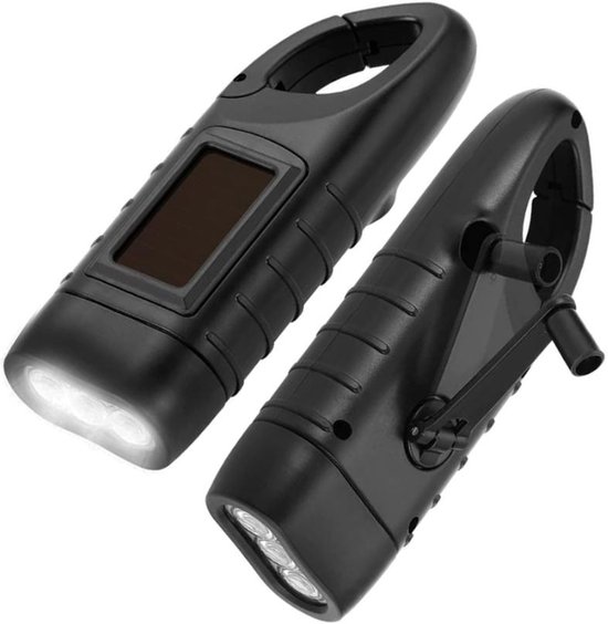 2x Opwindbare Zaklamp - Led Knijpkat met Dynamo - Dynamo Zaklamp - Waterproof Zaklamp - Solar Zaklamp - Zaklamp Survival - Noodverlichting - Dynamo - Zonne-energie - Carabiner - voor Buiten, Wandelen - Zwart