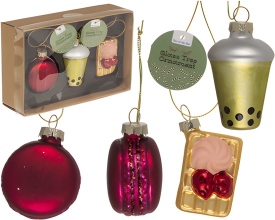 Ensemble de 3 décorations de Noël en Verres - Bubble Tea, Macaron, Gaufre - Handgemaakt - Couleurs pastel - Aspect Luxe - Idéal pour les sapins de Noël tendance