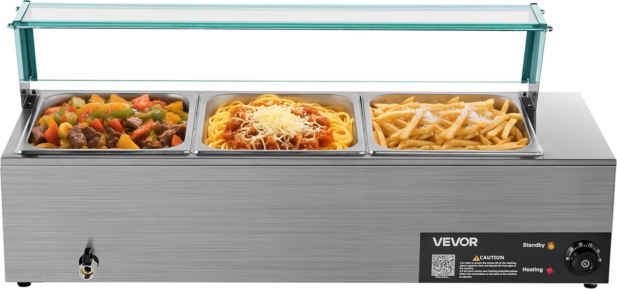 VEVOR Commerciële Voedselverwarmer 3 Containers 1500W Buffet met Glazen Deksel