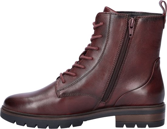 Donkerrode leren veterboot met rits aan de zijkant, veters en grove zool.