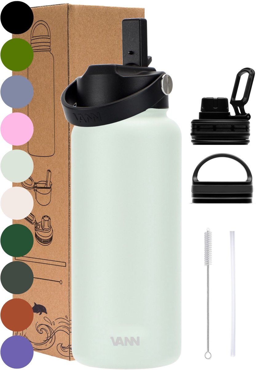 Bol.com VANN® 3-Wandige RVS Drinkfles 1 Liter met rietje voor volwassenen – Met 5 accessoires – Thermosfles – 24 uur koud/12 uur... aanbieding