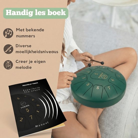 Yunava Handpan - 30 cm ø - Donker Groen - Steel Tongue Drum - Hand Klankschaal incl. Lesboek & Beschermtas - Hangdrum van Merkloos — afbeelding 4